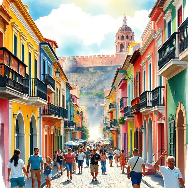 A vibrant and detailed scene showcasing the historical city of Cartagena, Colombia, complete with its colorful colonial architecture and bustling streets filled with life