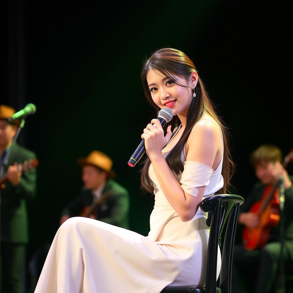 A beautiful Asian woman with an attractive appearance, gracefully posing on stage while sitting on a chair, singing accompanied by music