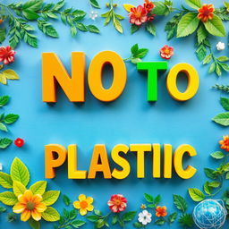 A vibrant and eye-catching banner reading 'NO TO PLASTIC' prominently displayed in bold, colorful letters