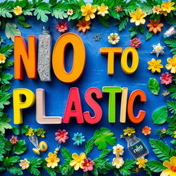 A vibrant and eye-catching banner reading 'NO TO PLASTIC' prominently displayed in bold, colorful letters