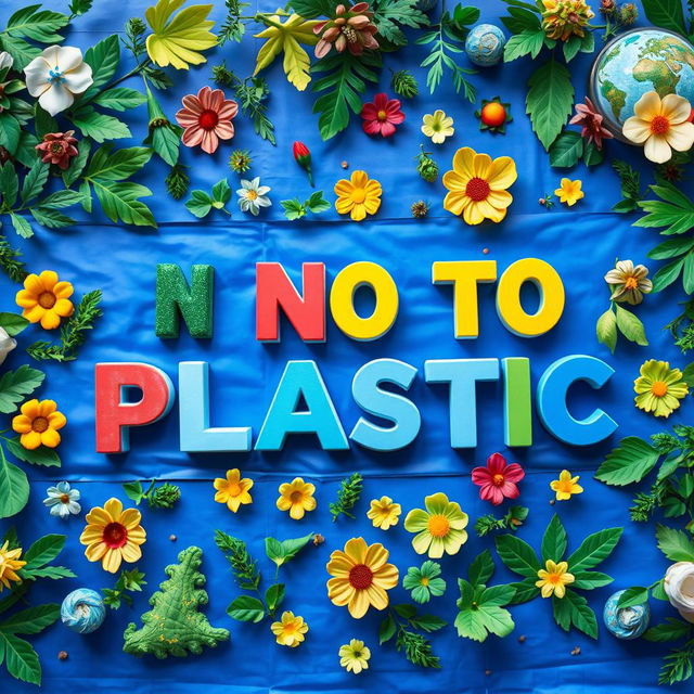 A vibrant and eye-catching banner reading 'NO TO PLASTIC' prominently displayed in bold, colorful letters