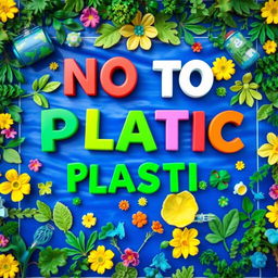 A vibrant and eye-catching banner reading 'NO TO PLASTIC' prominently displayed in bold, colorful letters