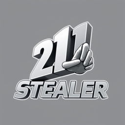 A 3D logo design featuring the text '21 Stealer' with a stylized hand reaching out to catch the number '21'