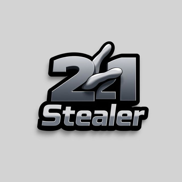 A 3D logo design featuring the text '21 Stealer' with a stylized hand reaching out to catch the number '21'