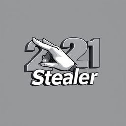 A 3D logo design featuring the text '21 Stealer' with a stylized hand reaching out to catch the number '21'