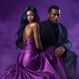 A stunning African maiden with fiery red eyes and long blue-black hair, dressed in a flowing silk purple dress, is gracefully seated on the lap of a god-like masculine Asian mafia boss