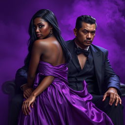 A stunning African maiden with fiery red eyes and long blue-black hair, dressed in a flowing silk purple dress, is gracefully seated on the lap of a god-like masculine Asian mafia boss