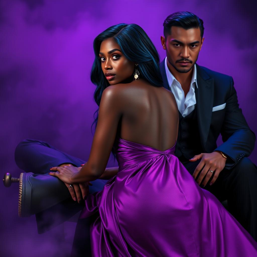 A stunning African maiden with fiery red eyes and long blue-black hair, dressed in a flowing silk purple dress, is gracefully seated on the lap of a god-like masculine Asian mafia boss