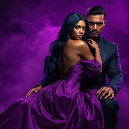 A stunning African maiden with fiery red eyes and long blue-black hair, dressed in a flowing silk purple dress, is gracefully seated on the lap of a god-like masculine Asian mafia boss
