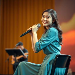 A beautiful Asian woman with an attractive appearance poses gracefully on a stage, sitting on a chair and singing while being accompanied by music