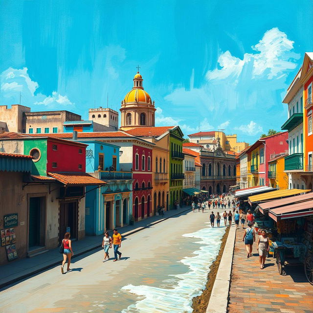 An artistic representation of Cartagena, showcasing its historical and cultural essence with a thematic comparison likening the city to a 'canvas painted by time', where each building and street captures the strokes of history and vibrant culture