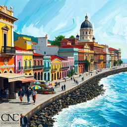 An artistic representation of Cartagena, showcasing its historical and cultural essence with a thematic comparison likening the city to a 'canvas painted by time', where each building and street captures the strokes of history and vibrant culture