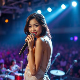 A beautiful Asian woman with an attractive appearance, gracefully posing on stage while singing, facing the camera and holding a microphone