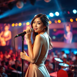 A beautiful Asian woman with an attractive appearance, gracefully posing on stage while singing, facing the camera and holding a microphone
