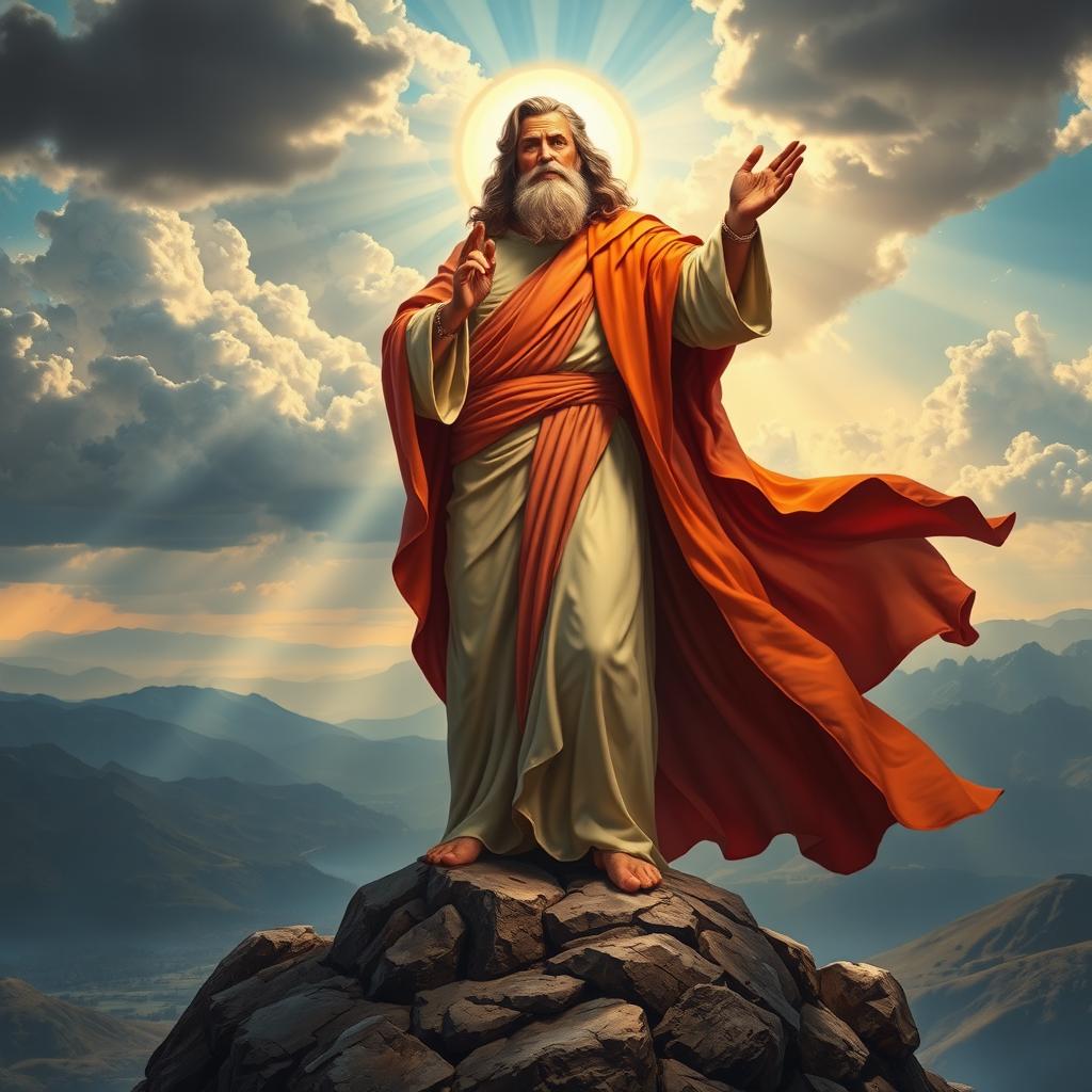 A majestic and powerful figure of a prophet standing on a rocky mountain peak, surrounded by dramatic clouds and rays of sunlight breaking through, dressed in flowing, richly colored robes that flutter in the wind