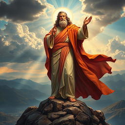 A majestic and powerful figure of a prophet standing on a rocky mountain peak, surrounded by dramatic clouds and rays of sunlight breaking through, dressed in flowing, richly colored robes that flutter in the wind