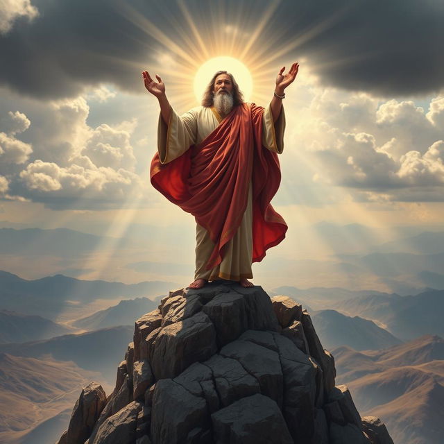 A majestic and powerful figure of a prophet standing on a rocky mountain peak, surrounded by dramatic clouds and rays of sunlight breaking through, dressed in flowing, richly colored robes that flutter in the wind