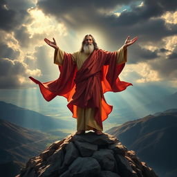 A majestic and powerful figure of a prophet standing on a rocky mountain peak, surrounded by dramatic clouds and rays of sunlight breaking through, dressed in flowing, richly colored robes that flutter in the wind