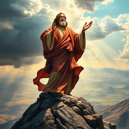 A majestic and powerful figure of a prophet standing on a rocky mountain peak, surrounded by dramatic clouds and rays of sunlight breaking through, dressed in flowing, richly colored robes that flutter in the wind