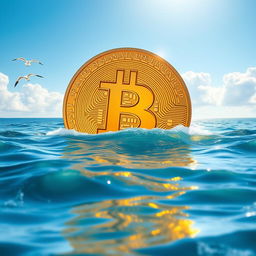 A vibrant and picturesque scene of a giant Bitcoin symbol floating majestically on a serene sea under a clear blue sky