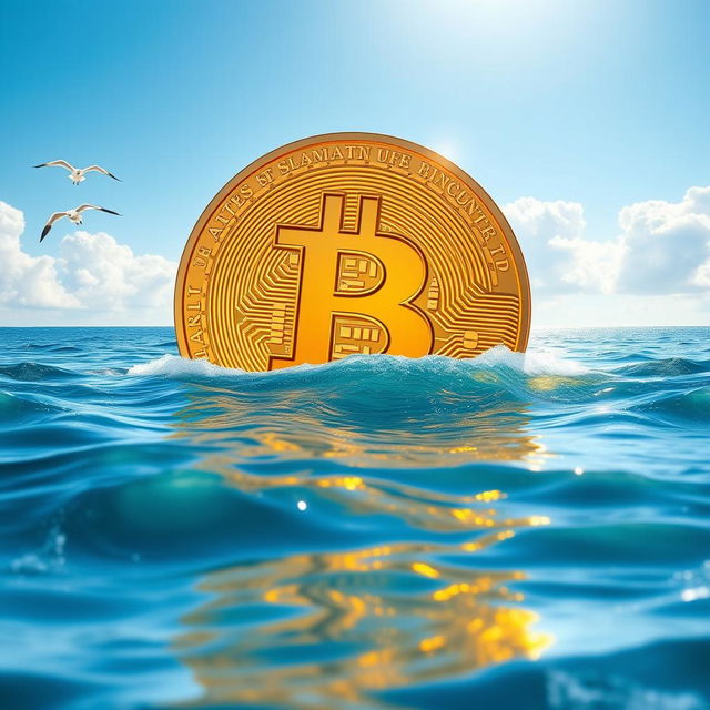 A vibrant and picturesque scene of a giant Bitcoin symbol floating majestically on a serene sea under a clear blue sky