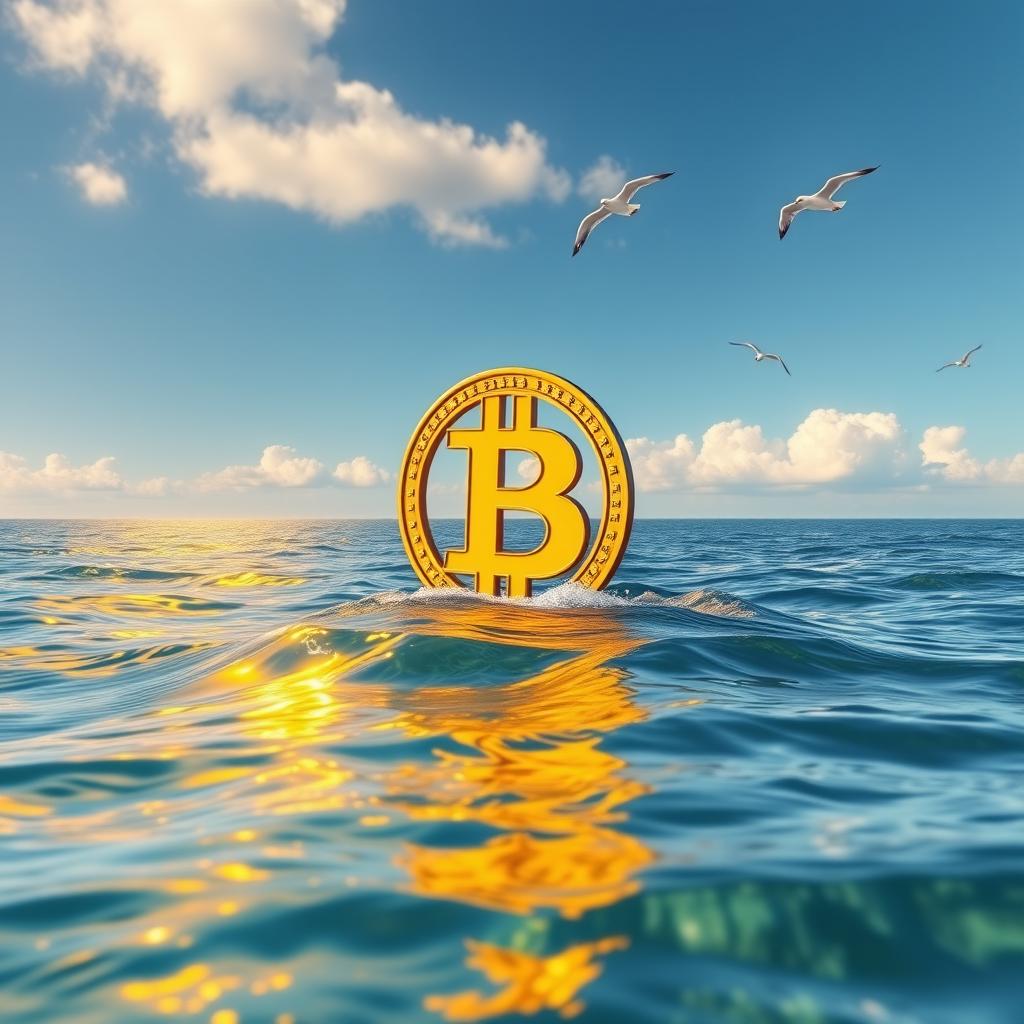 A vibrant and picturesque scene of a giant Bitcoin symbol floating majestically on a serene sea under a clear blue sky