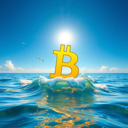 A vibrant and picturesque scene of a giant Bitcoin symbol floating majestically on a serene sea under a clear blue sky