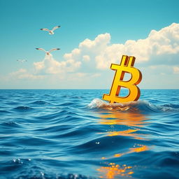 A vibrant and picturesque scene of a giant Bitcoin symbol floating majestically on a serene sea under a clear blue sky