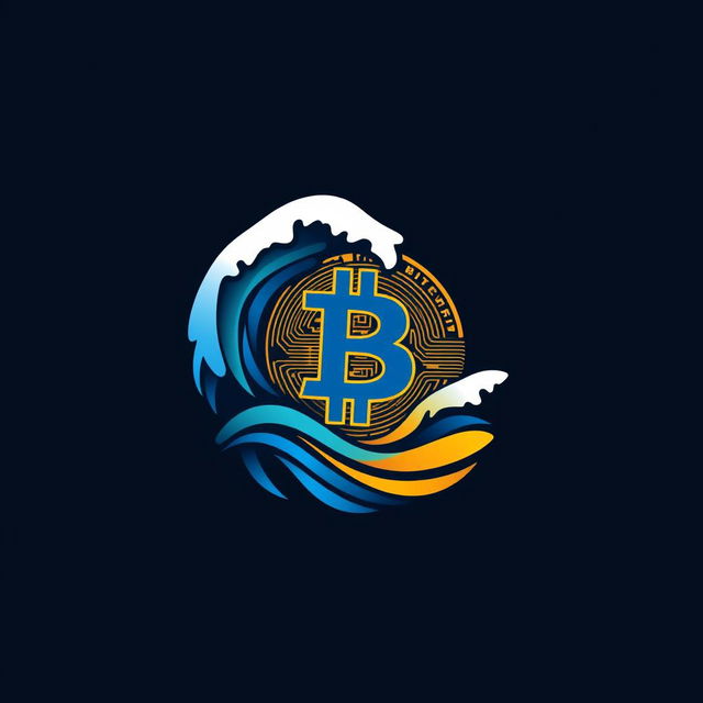 A sleek and modern logo design featuring a stylized Bitcoin symbol integrated with an abstract representation of waves and the sea