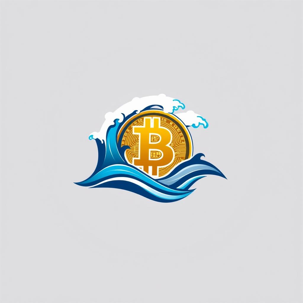 A sleek and modern logo design featuring a stylized Bitcoin symbol integrated with an abstract representation of waves and the sea
