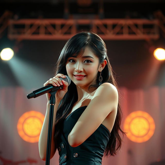 A beautiful Asian woman with an attractive appearance, gracefully posing on stage while singing, facing the camera, holding a microphone