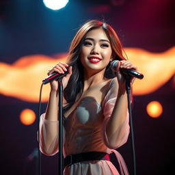 A beautiful Asian woman with an attractive appearance, gracefully posing on stage while singing, facing the camera, holding a microphone