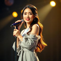 A beautiful Asian woman with an attractive appearance, gracefully posing on stage while singing, facing the camera, holding a microphone