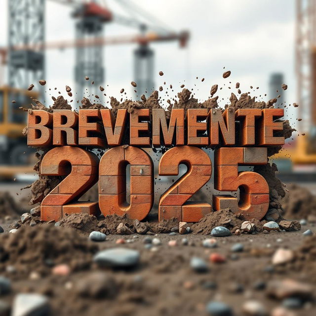 A 3D design featuring the phrase 'BREVEMENTE 2025' crafted in bold lettering that resembles brick, complete with realistic textures of earth and stones