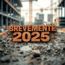 A 3D design featuring the phrase 'BREVEMENTE 2025' crafted in bold lettering that resembles brick, complete with realistic textures of earth and stones