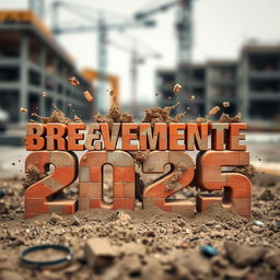 A 3D design featuring the phrase 'BREVEMENTE 2025' crafted in bold lettering that resembles brick, complete with realistic textures of earth and stones