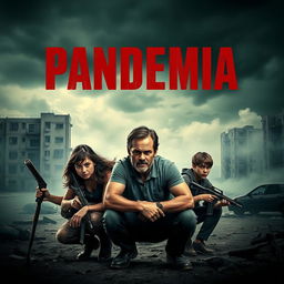 A thrilling and intense movie poster for the film 'Pandemia', featuring a dystopian landscape ravaged by an outbreak