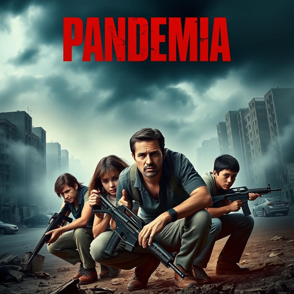 A thrilling and intense movie poster for the film 'Pandemia', featuring a dystopian landscape ravaged by an outbreak