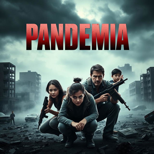 A thrilling and intense movie poster for the film 'Pandemia', featuring a dystopian landscape ravaged by an outbreak