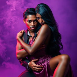 An enchanting African maiden with fiery purple eyes and long blue-black hair is depicted in a seductive pose, straddling an Asian mafia boss