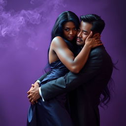 An enchanting African maiden with fiery purple eyes and long blue-black hair is depicted in a seductive pose, straddling an Asian mafia boss