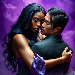 An enchanting African maiden with fiery purple eyes and long blue-black hair is depicted in a seductive pose, straddling an Asian mafia boss