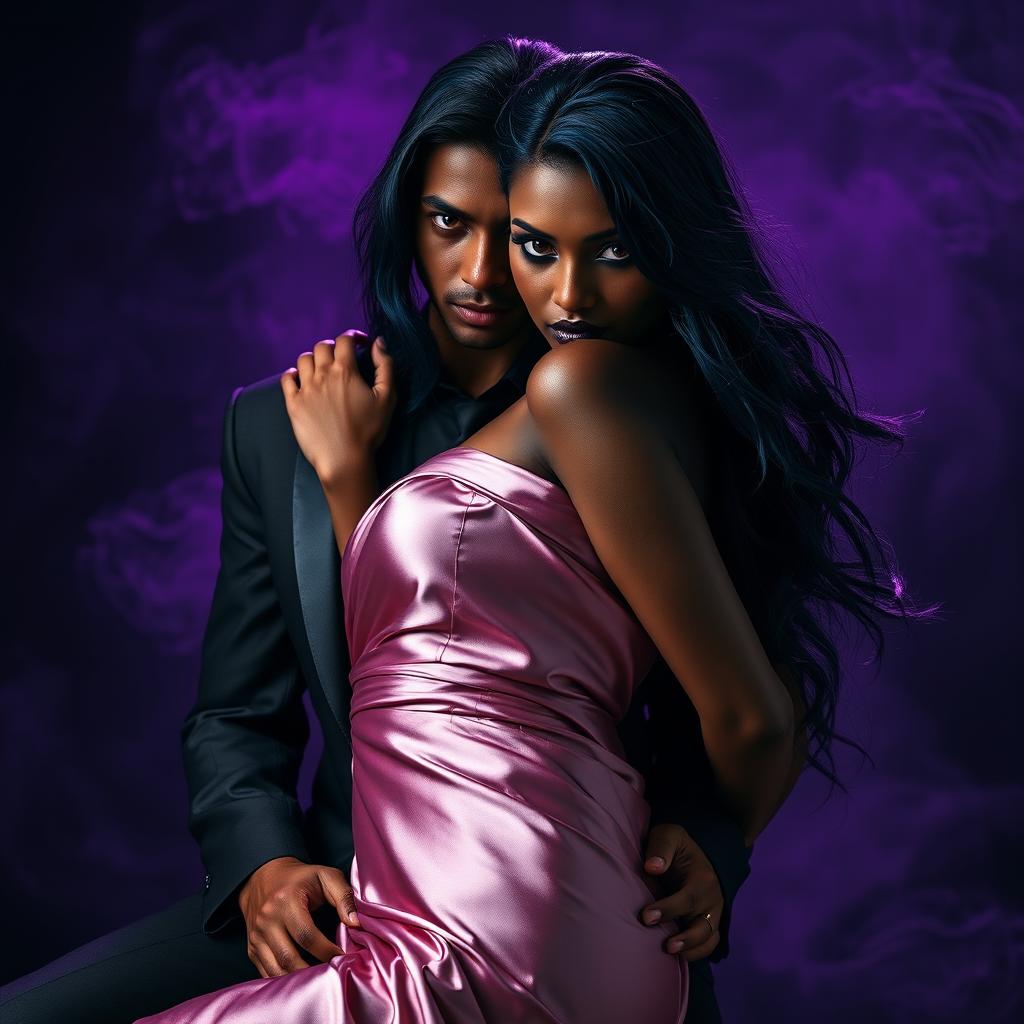 An enchanting African maiden with fiery purple eyes and long blue-black hair is depicted in a seductive pose, straddling an Asian mafia boss