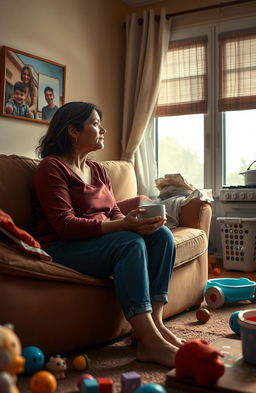 A deeply emotional scene of a single mother sitting on a couch in a cozy living room, her expression showing a mix of exhaustion and determination