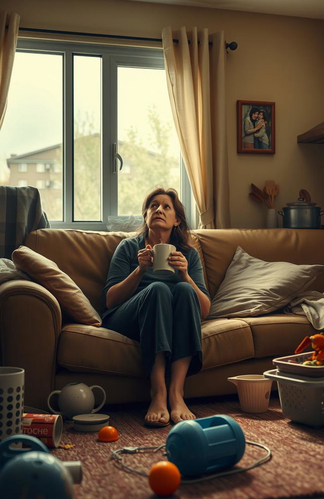 A deeply emotional scene of a single mother sitting on a couch in a cozy living room, her expression showing a mix of exhaustion and determination