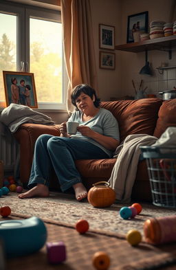 A deeply emotional scene of a single mother sitting on a couch in a cozy living room, her expression showing a mix of exhaustion and determination