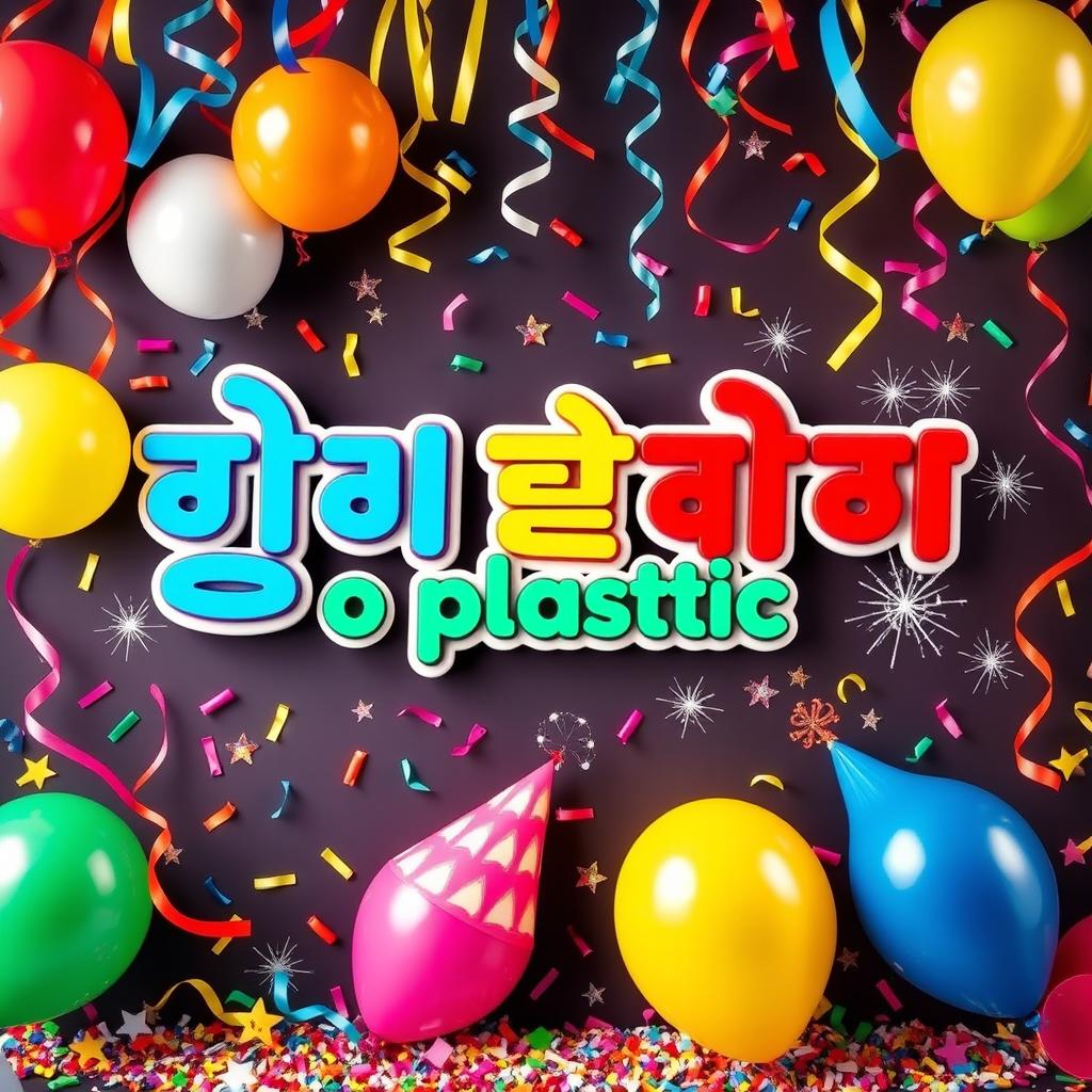 A vibrant and colorful banner featuring various decorations, including balloons, streamers, and confetti