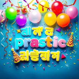 A vibrant and colorful banner featuring various decorations, including balloons, streamers, and confetti