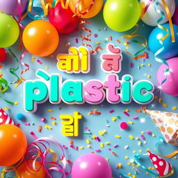 A vibrant and colorful banner featuring various decorations, including balloons, streamers, and confetti