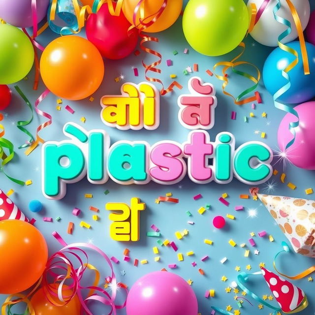 A vibrant and colorful banner featuring various decorations, including balloons, streamers, and confetti